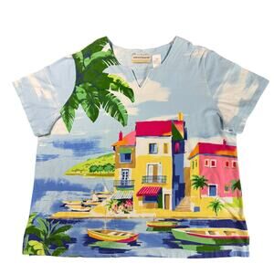 Alfred Dunner Women's Top 1X Colorful Seascape Tropical Print Short Sleeve